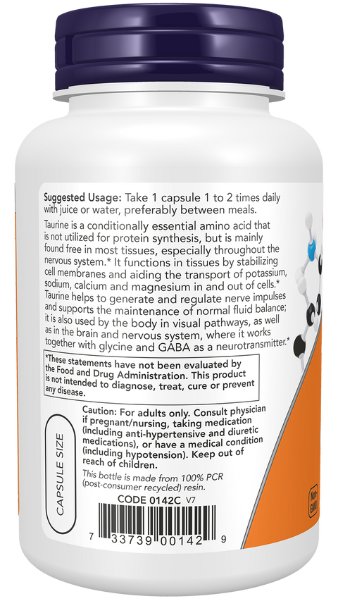 Taurina 1000 mg NOW Foods – 100 cápsulas vegetais – imagem 3