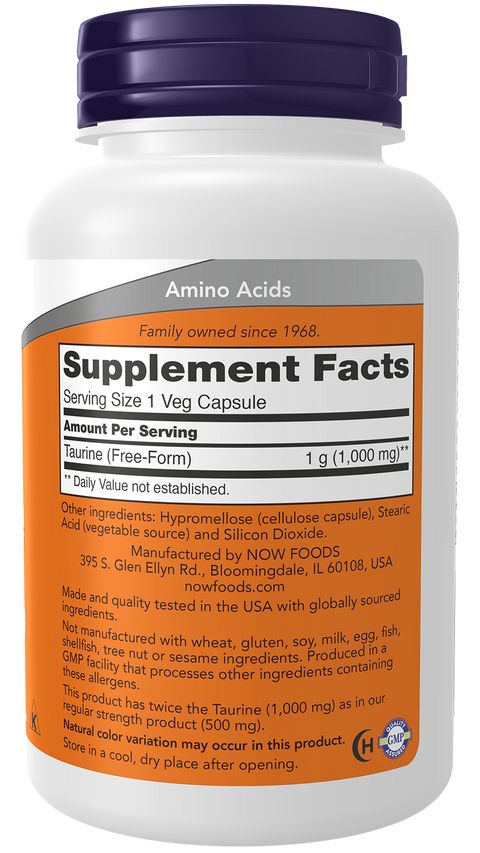 Taurina 1000 mg NOW Foods – 100 cápsulas vegetais – imagem 2