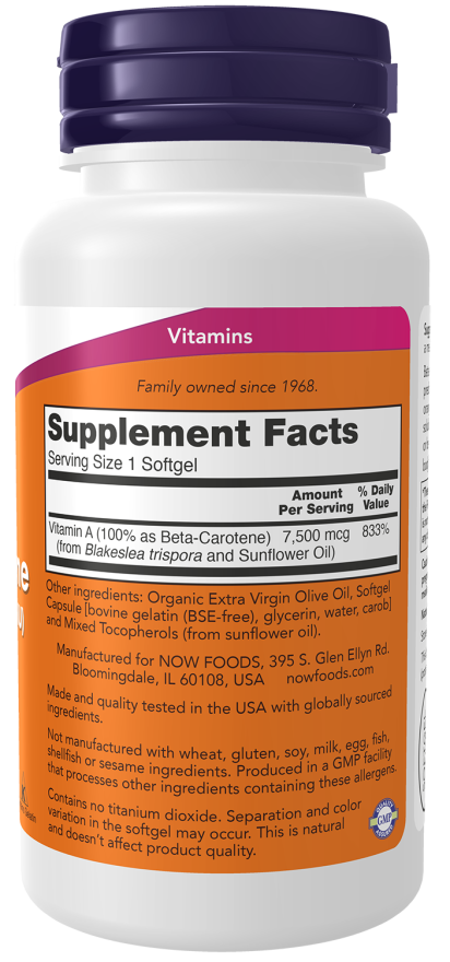 Betacaroteno natural NOW Foods – 90 cápsulas moles – imagem 2