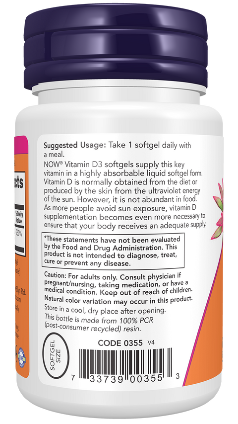 Vitamina D3 2000 UI NOW Foods – 30 cápsulas moles – imagem 3