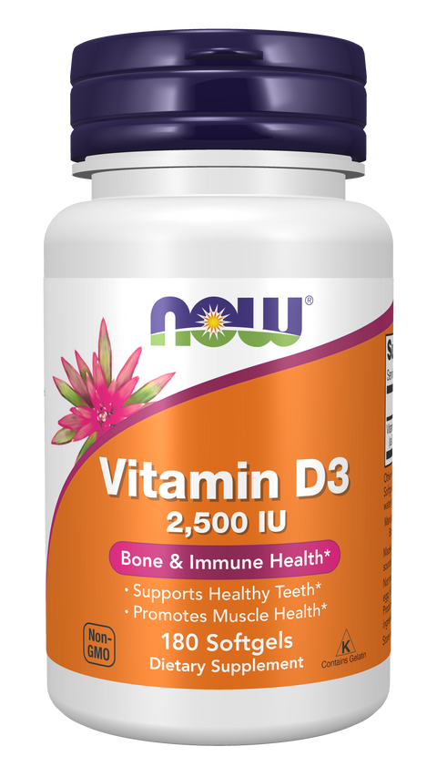 Vitamina D3 2500 UI NOW Foods – 180 cápsulas moles