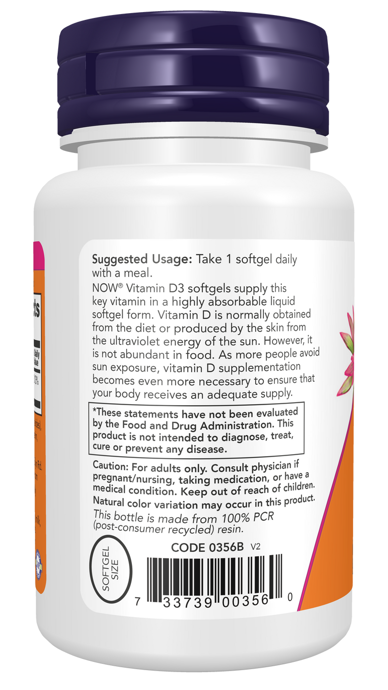 Vitamina D3 2500 UI NOW Foods – 180 cápsulas moles – imagem 3