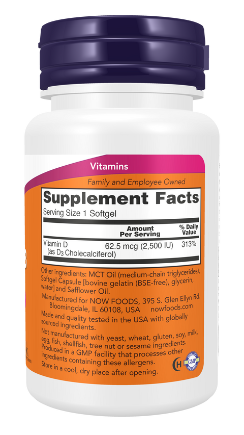 Vitamina D3 2500 UI NOW Foods – 180 cápsulas moles – imagem 2