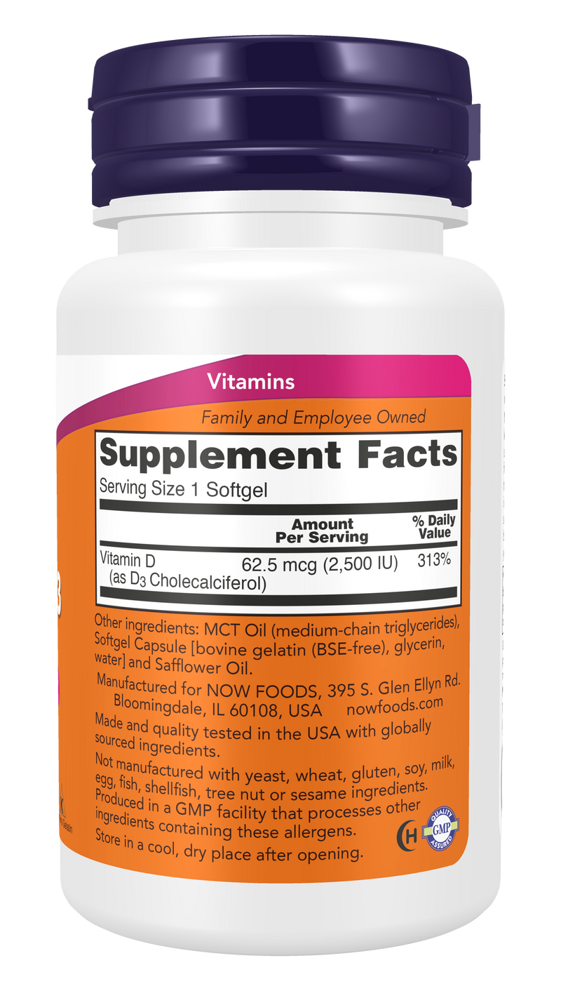 Vitamina D3 2500 UI NOW Foods – 180 cápsulas moles – imagem 2