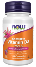 Vitamina D3 mastigável 1000 UI NOW Foods – 180 comprimidos sabor a fruta