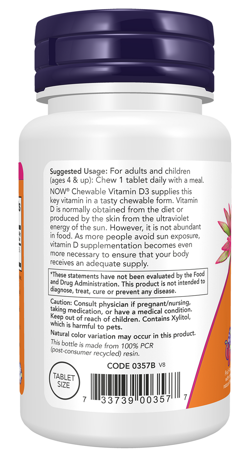 Vitamina D3 mastigável 1000 UI NOW Foods – 180 comprimidos sabor a fruta – imagem 3