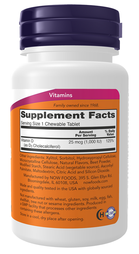 Vitamina D3 mastigável 1000 UI NOW Foods – 180 comprimidos sabor a fruta – imagem 2