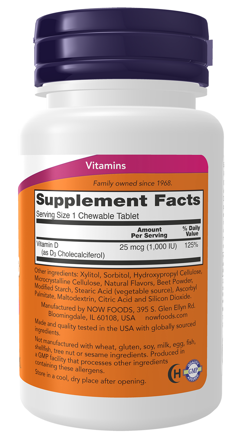 Vitamina D3 mastigável 1000 UI NOW Foods – 180 comprimidos sabor a fruta – imagem 2