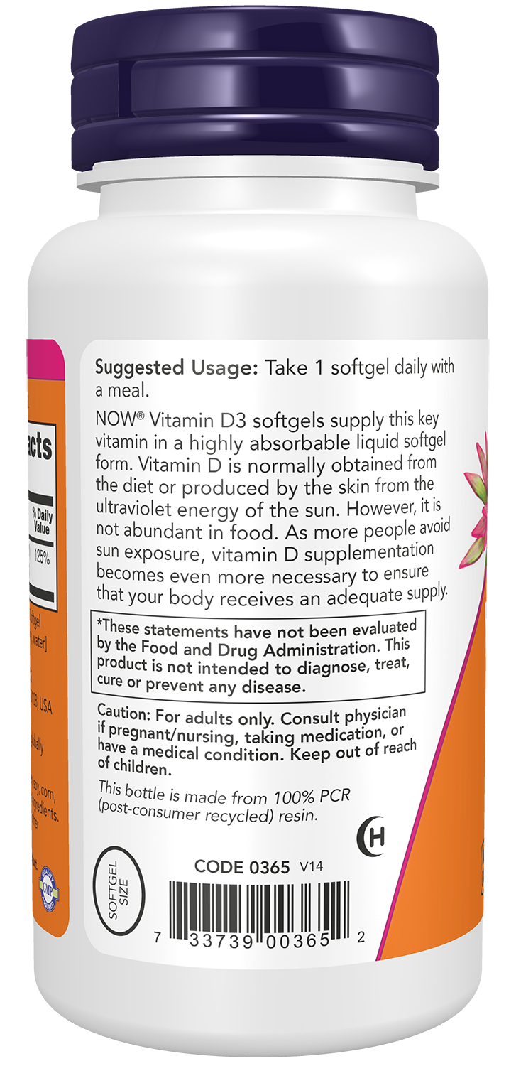 Vitamina D3 1000 UI NOW Foods – 180 cápsulas moles – imagem 3