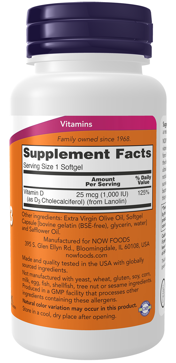 Vitamina D3 1000 UI NOW Foods – 180 cápsulas moles – imagem 2