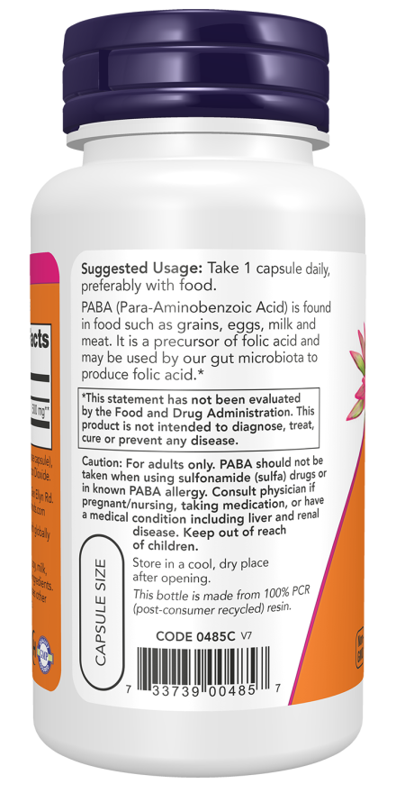 PABA 500 mg NOW Foods – 100 cápsulas vegetais – imagem 3