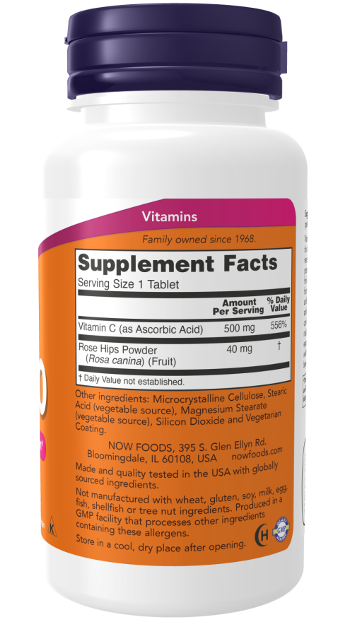 Vitamina C 500 mg com rosa mosqueta NOW Foods – 100 comprimidos – imagem 2