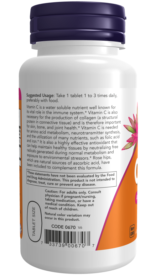 Vitamina C 500 mg com rosa mosqueta NOW Foods – 100 comprimidos – imagem 3