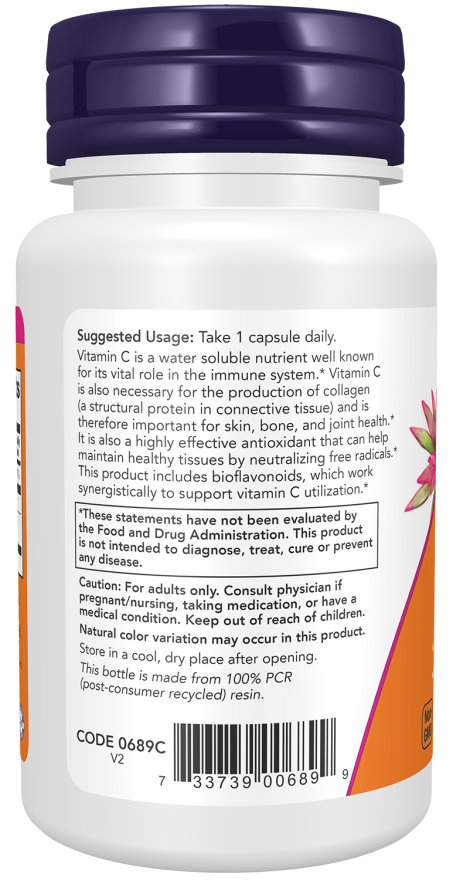 Vitamina C 1000 mg com bioflavonoides NOW Foods – 30 cápsulas vegetais – imagem 3