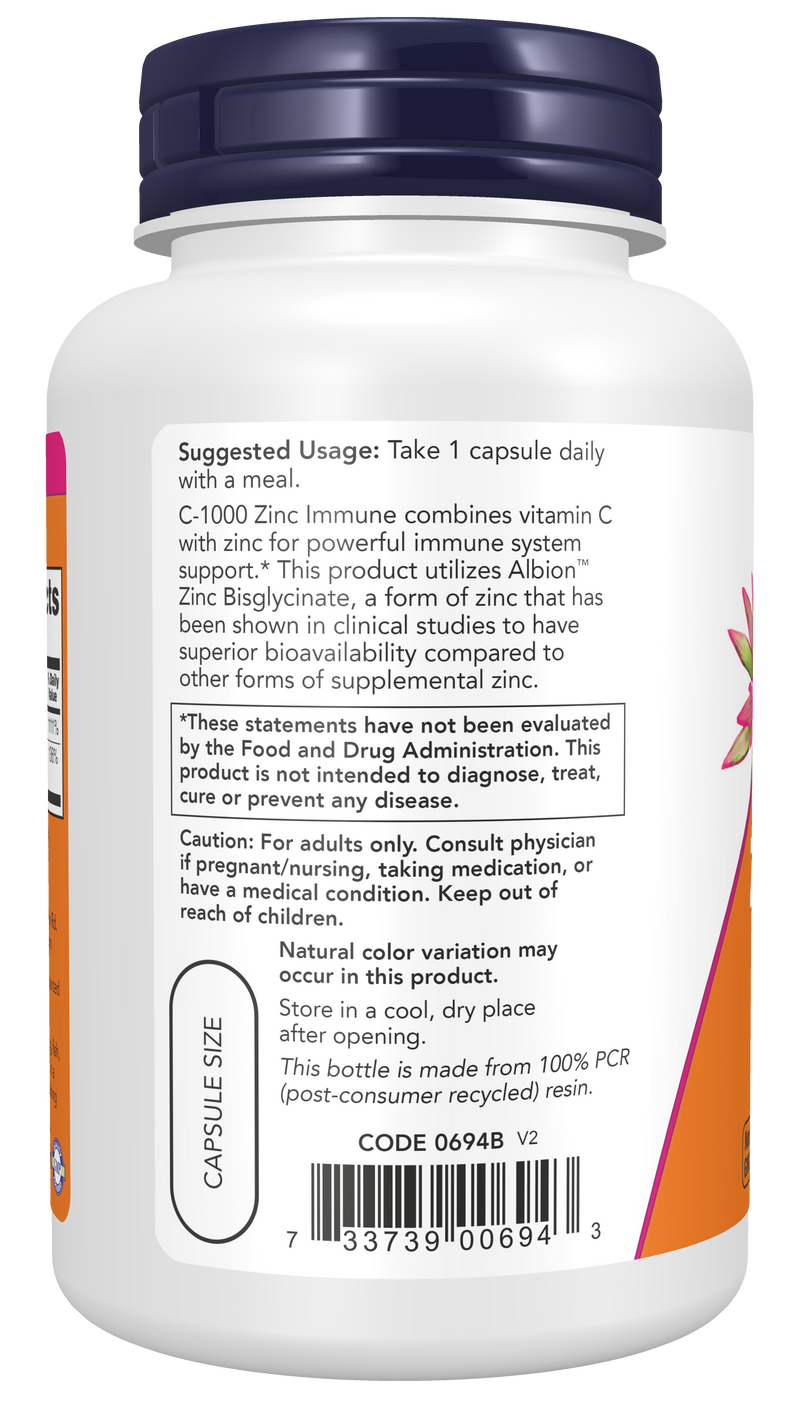Vitamina C 1000 mg e zinco NOW Foods – 90 cápsulas vegetais – imagem 3