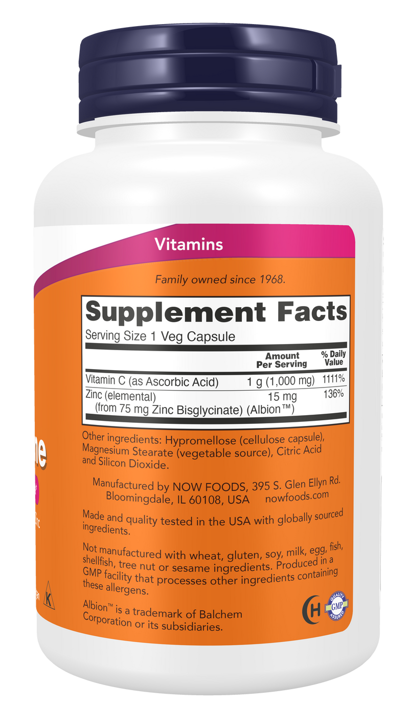 Vitamina C 1000 mg e zinco NOW Foods – 90 cápsulas vegetais – imagem 2