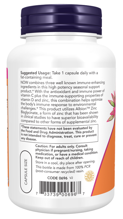 Vitamina C 1000 mg, zinco e vitamina D3 NOW Foods – 100 cápsulas vegetais – imagem 3