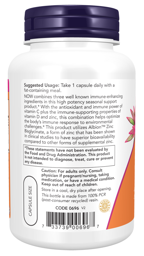 Vitamina C 1000 mg, zinco e vitamina D3 NOW Foods – 100 cápsulas vegetais – imagem 3