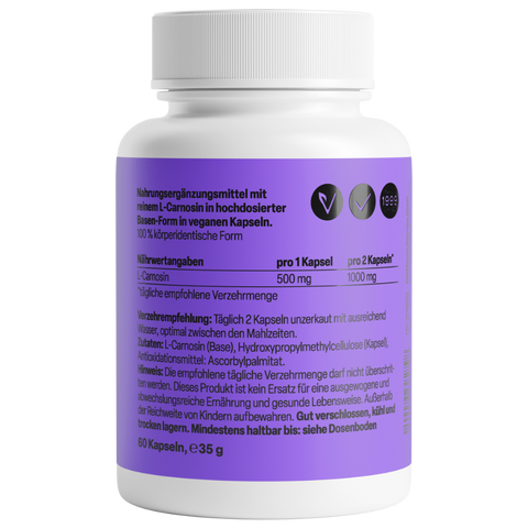 L-Carnosina 500mg 60 Cápsulas Zeinpharma – verso da embalagem