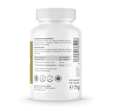 Triphala 500mg 120 Cápsulas Zeinpharma – verso da embalagem