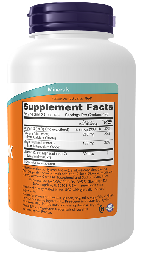 Cálcio e magnésio com vitamina D3 e K2 (Cal-Mag DK) NOW Foods – 180 cápsulas – imagem 2