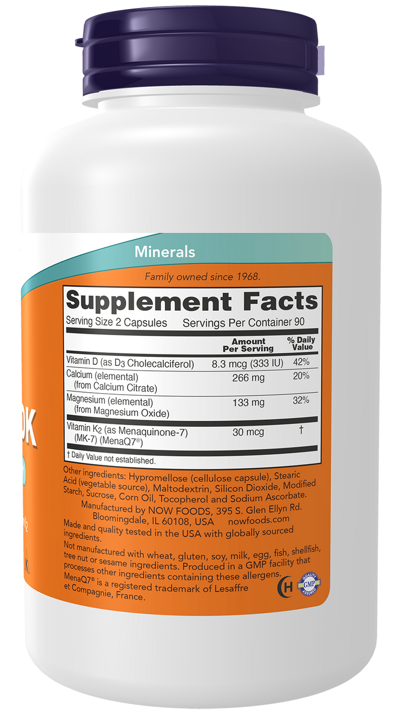 Cálcio e magnésio com vitamina D3 e K2 (Cal-Mag DK) NOW Foods – 180 cápsulas – imagem 2