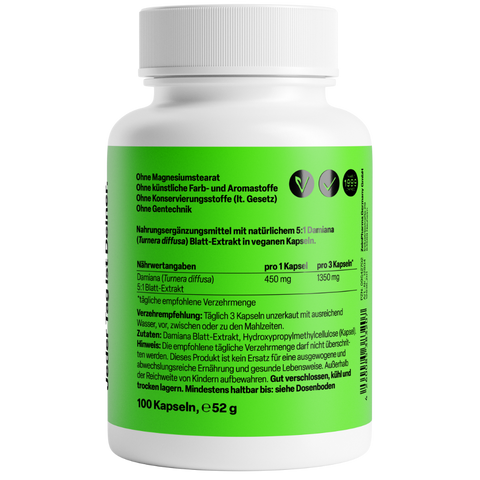 Damiana 450mg 100 Cápsulas Zeinpharma – verso da embalagem