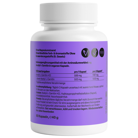Acetil-L-Carnitina 500mg 60 Cápsulas Zeinpharma – verso da embalagem