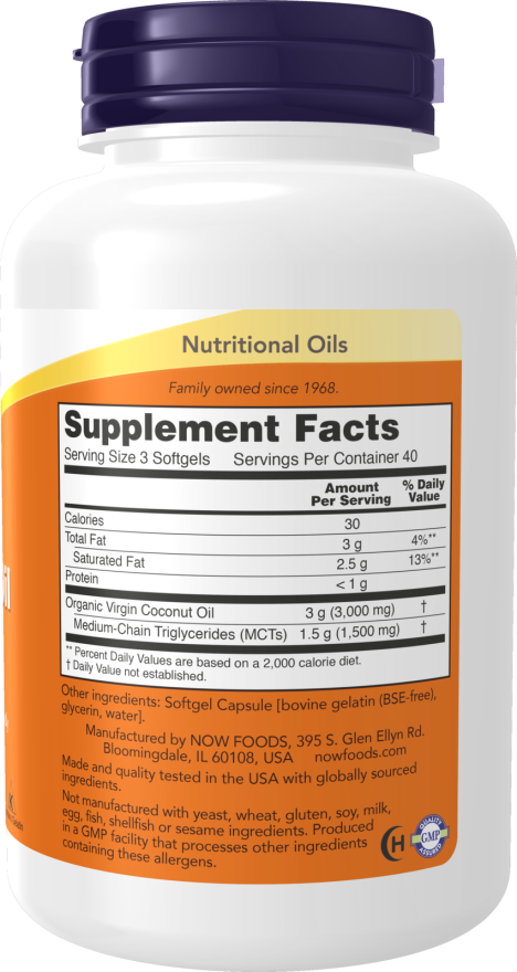 Óleo de coco virgem biológico 1000 mg NOW Foods – 120 cápsulas moles – imagem 2