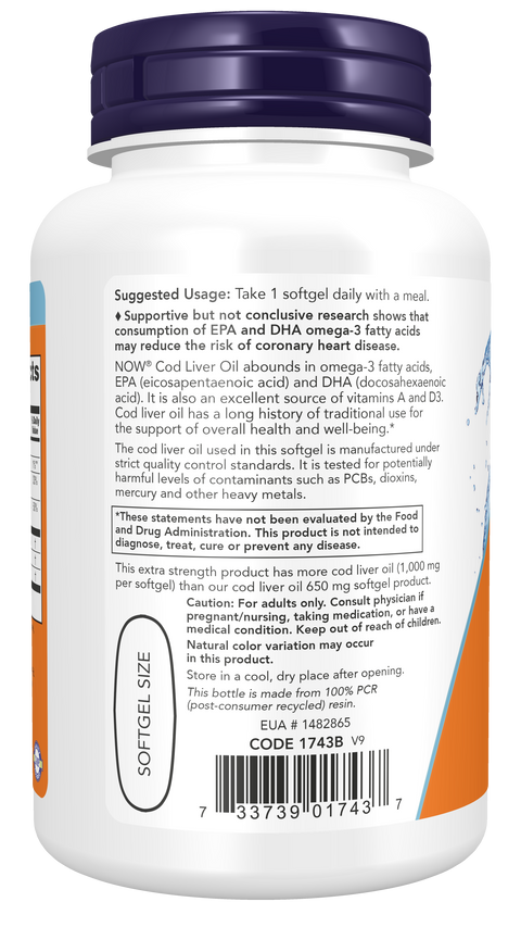 Óleo de fígado de bacalhau Extra Strength 1000 mg NOW Foods – 90 cápsulas moles – imagem 3