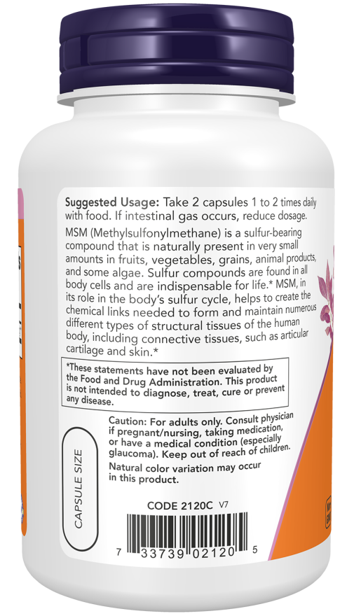 MSM 1000 mg NOW Foods – 120 cápsulas vegetais – imagem 3