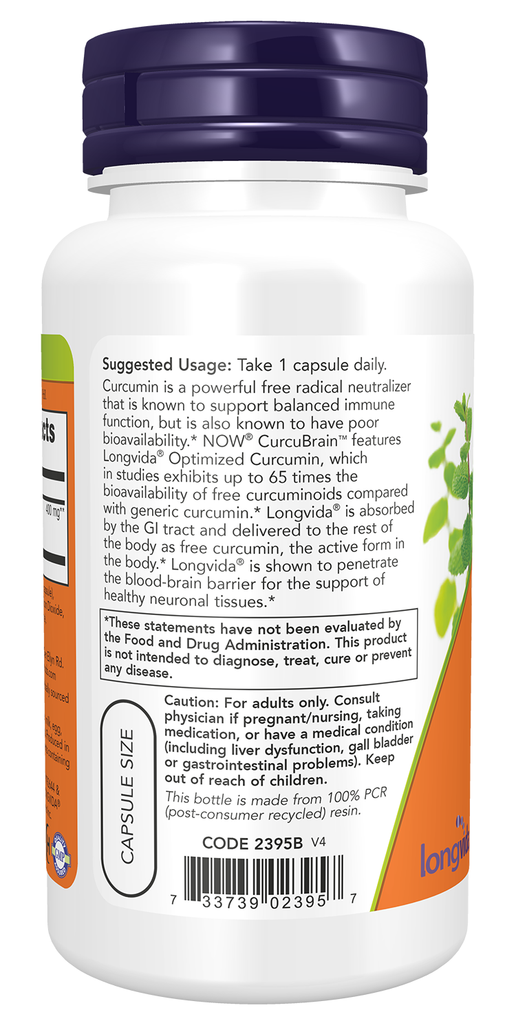 Curcumina CurcuBrain 400 mg NOW Foods – 50 cápsulas vegetais – imagem 3