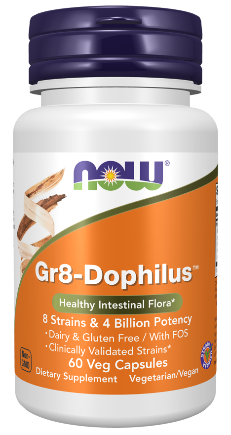 Gr8-Dophilus NOW Foods – probiótico com 8 estirpes, 60 cápsulas vegetais