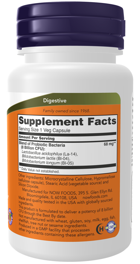 Acidophilus e bifidus 8 mil milhões UFC NOW Foods – 120 cápsulas vegetais – imagem 2