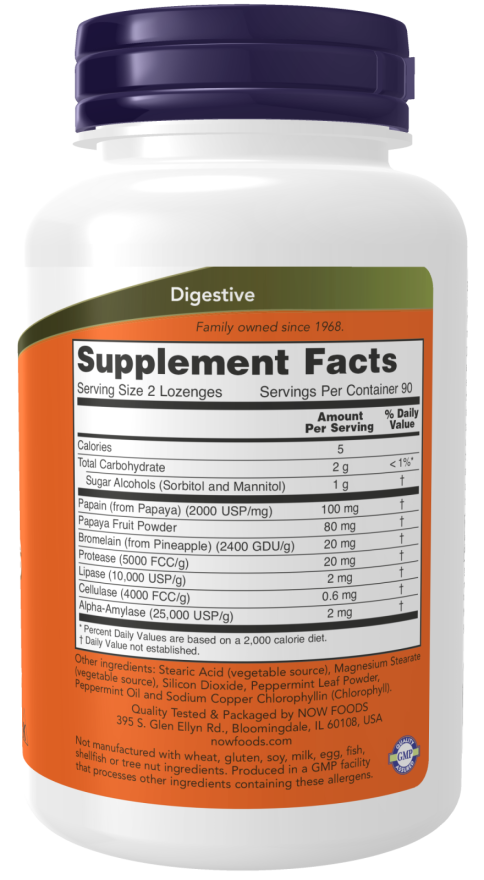 Enzimas de papaia Papaya Enzyme NOW Foods – 180 pastilhas mastigáveis – imagem 2