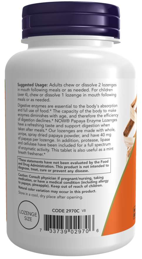 Enzimas de papaia Papaya Enzyme NOW Foods – 180 pastilhas mastigáveis – imagem 3