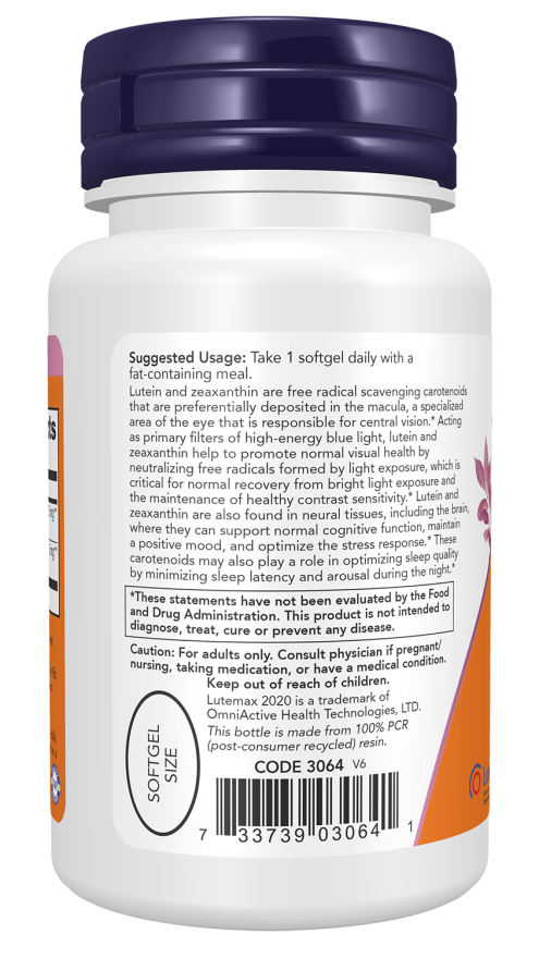 Luteína e zeaxantina 25 mg + 5 mg NOW Foods – 60 cápsulas moles – imagem 3
