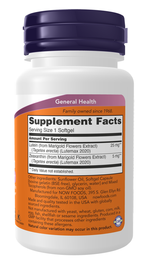 Luteína e zeaxantina 25 mg + 5 mg NOW Foods – 60 cápsulas moles – imagem 2