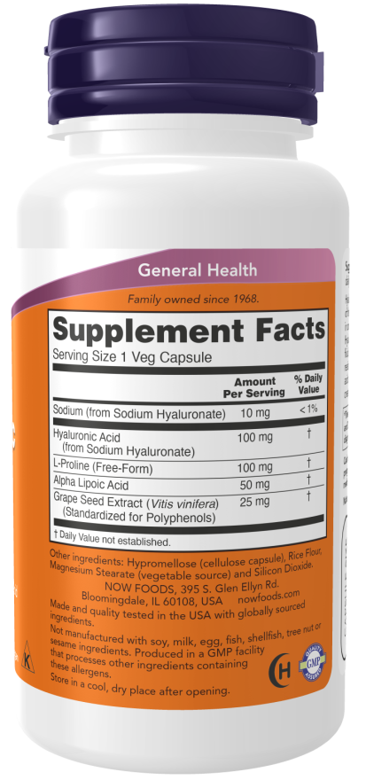 Ácido hialurónico Double Strength 100 mg NOW Foods – 60 cápsulas vegetais – imagem 2