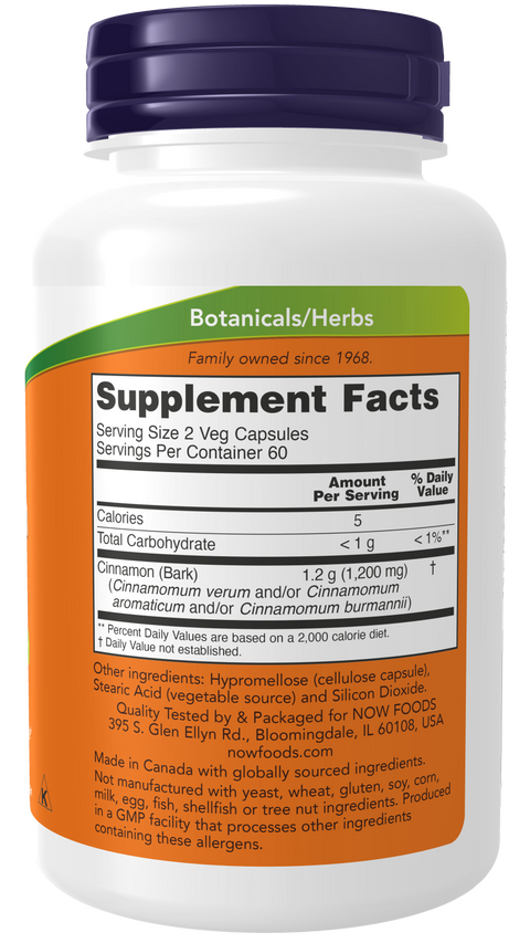 Canela em cápsulas (Cinnamon Bark) 600 mg NOW Foods – 120 cápsulas vegetais – imagem 2