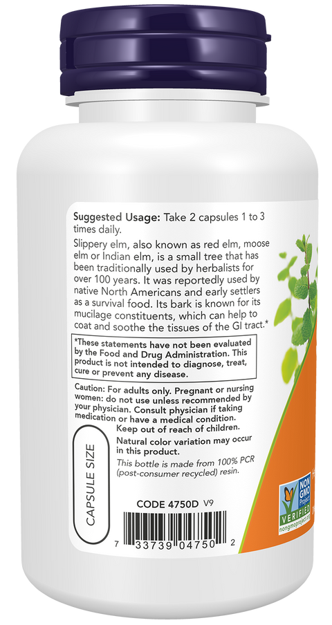 Ulmeiro Vermelho Slippery Elm 400 mg NOW Foods – 100 cápsulas vegetais – imagem 3