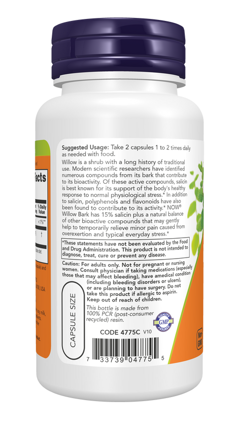 Salgueiro Branco White Willow Bark 400 mg NOW Foods – 100 cápsulas vegetais – imagem 3
