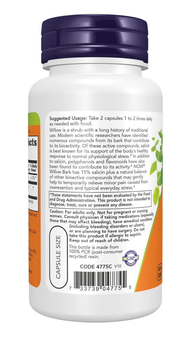 Salgueiro Branco White Willow Bark 400 mg NOW Foods – 100 cápsulas vegetais – imagem 3