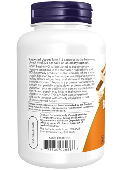 Betaína HCI 648 mg 120 cápsulas Now