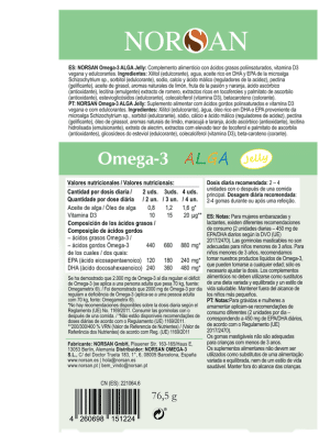 Rótulo das NORSAN Ómega-3 ALGA Jelly com tabela nutricional e ingredientes