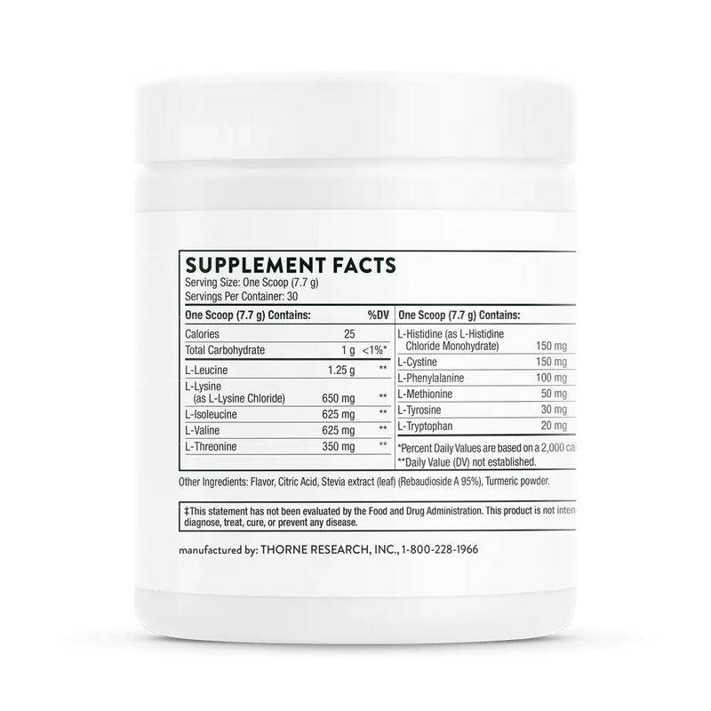 Thorne Research Amino Complex Lemon 231g - complexo de aminoácidos em pó sabor limão para recuperação muscular, manutenção da massa magra e performance desportiva