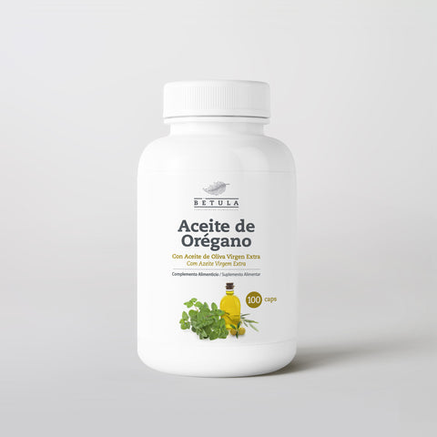 Frasco de Óleo de Orégãos Bétula com 100 cápsulas moles de óleo essencial de orégãos e azeite virgem extra