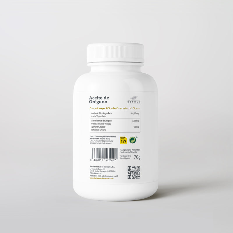Óleo de Orégãos 100 Caps Bétula — verso com tabela nutricional e ingredientes