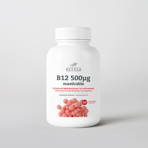 Frasco de B12 500 µg Mastigável Bétula com 100 comprimidos de vitamina B12 em metilcobalamina