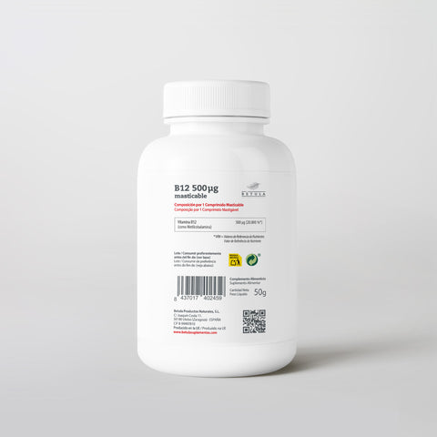 B12 500 µg Mastigável 100 Comp Bétula — verso com tabela nutricional e ingredientes